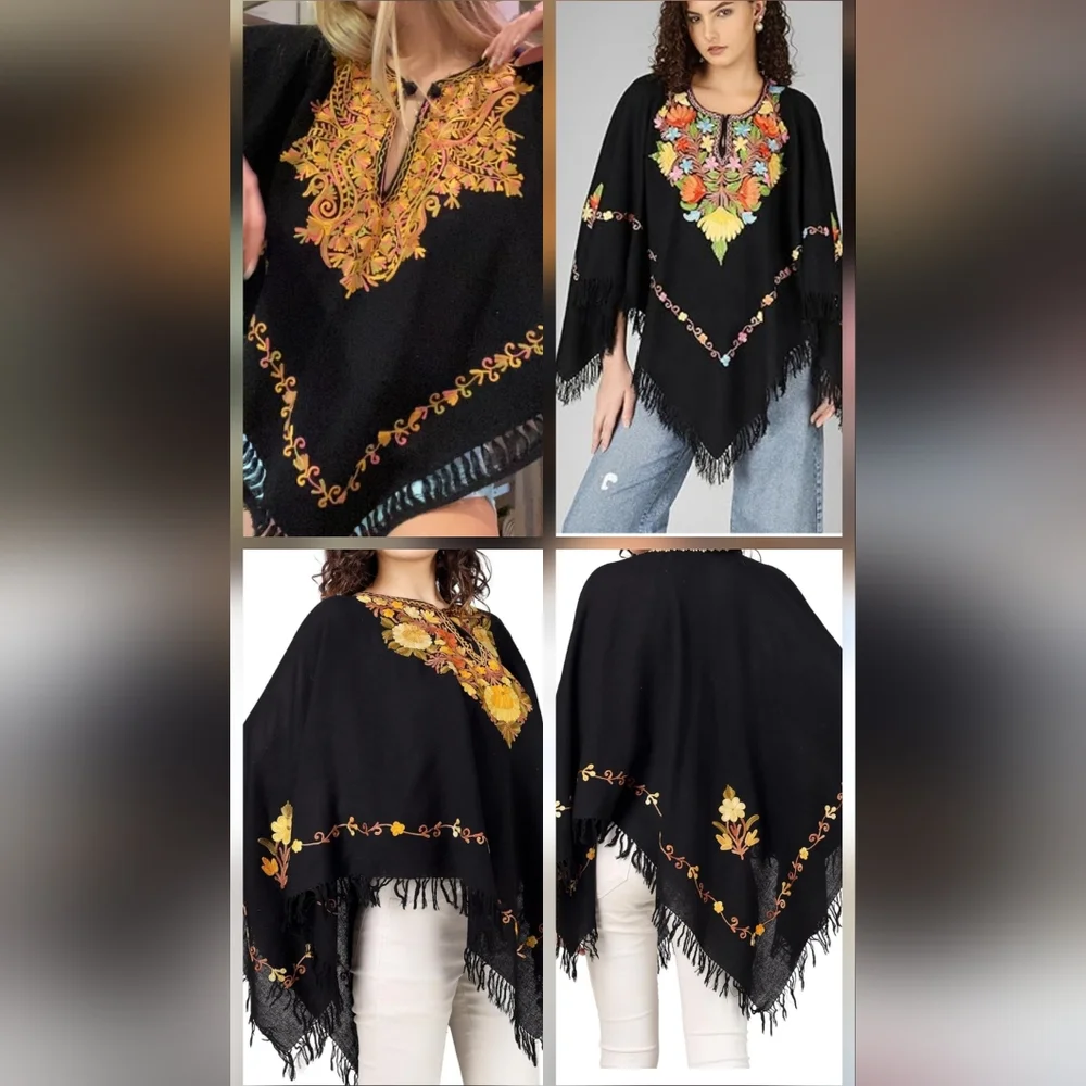 Embroidered Poncho Black Boho Fringe Hem Oversized Festival Top Bohemian Artsy - Picture 4 of 14